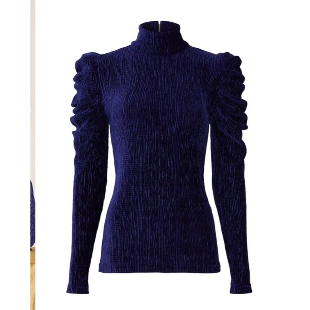 PatBO Blue Velvet Ruched Turtleneck Top Women’s Size L Long Sleeve Luxe Blouse